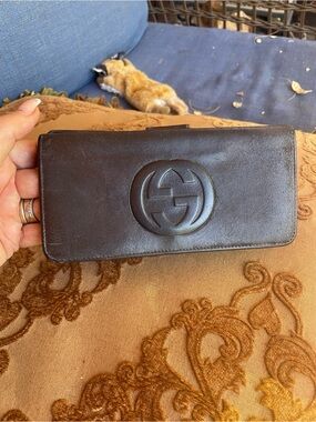 Gucci Dark Brown Leather Card Holder with Embossed Interlocking GG